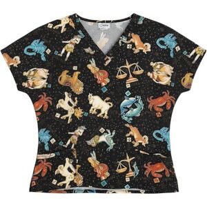 Apple Life Zodiac Astrology Scrub Top Womens L Black Celestial Star Sign V-Neck